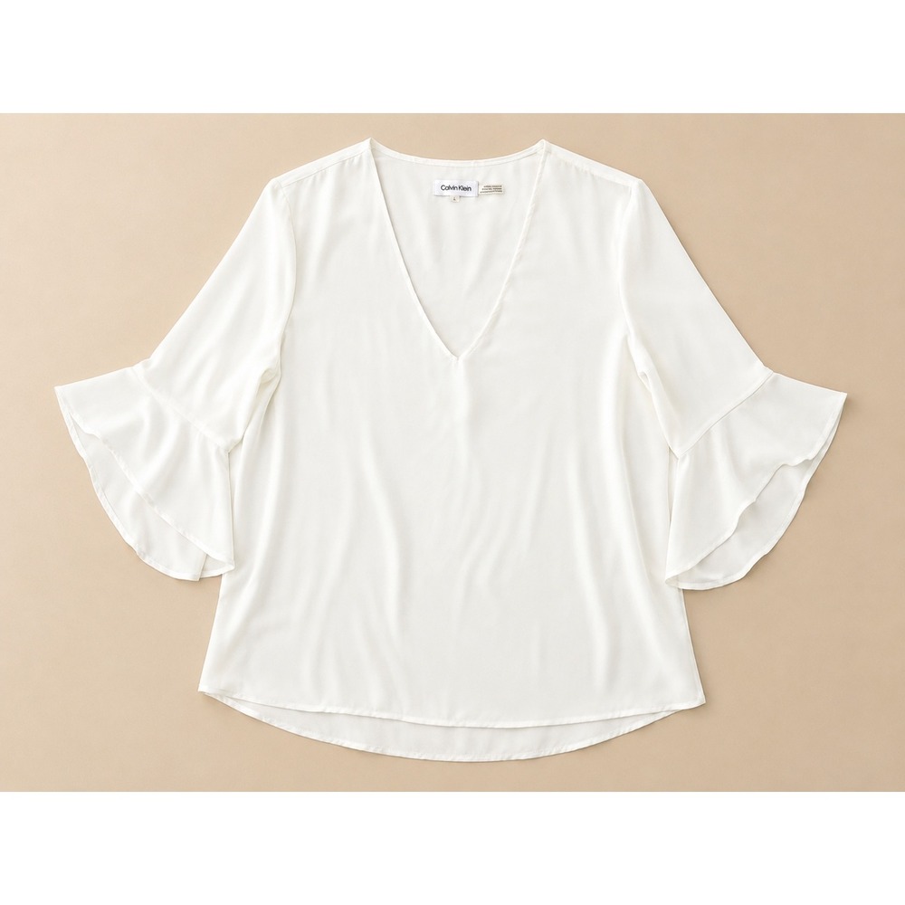 Calvin Klein Womens White V-Neck Bell Sleeve Blouse Top Medium M - Picture 2 of 7